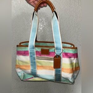 Coach Multicolor Stripe Canvas Tote Bag w/ Leather Handles